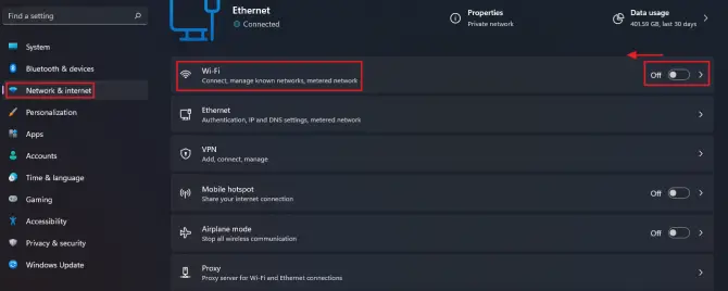 toggle off wi-fi from network & internet