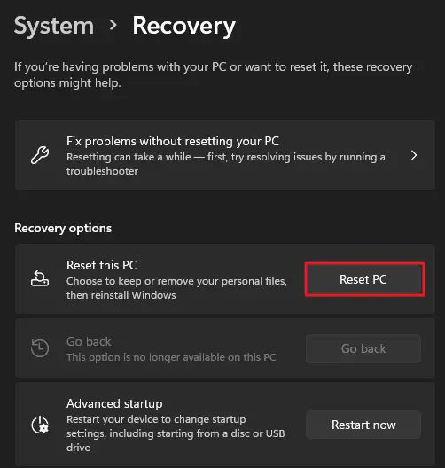 reset PC under system recovery