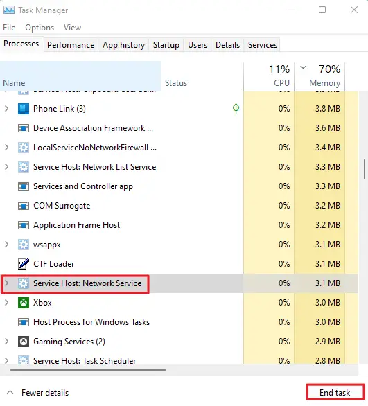 Service Host: Network Service - Task Manager - End Task