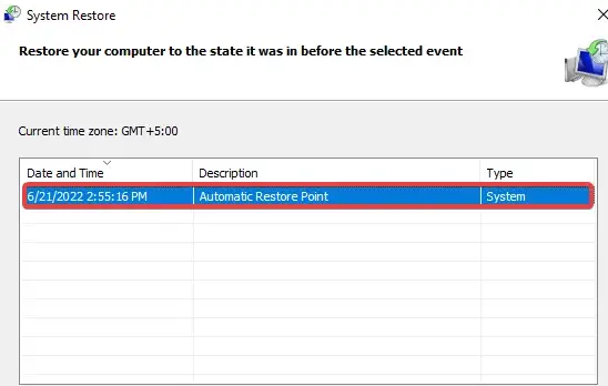 choosing a restore point