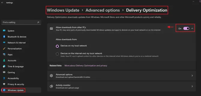toggle off allow downloads from other PCs in Delivery optimization.