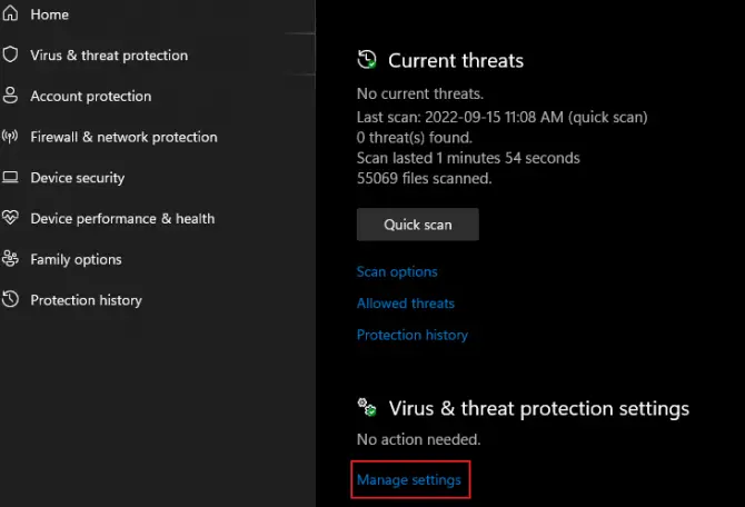 manage settings - virus & threat protection