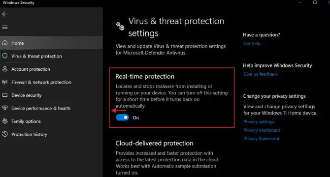 toggle off real time protection to temporarily disable antivirus