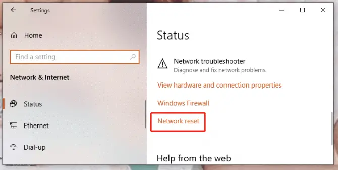 find network reset in status settings