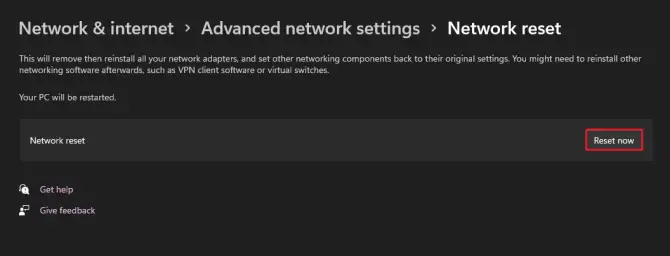 network reset in windows 11