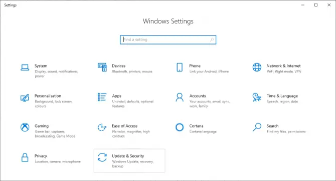 windows 10 - settings - update & security