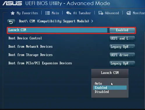 CSM launch ability in a UEFI BIOS mode