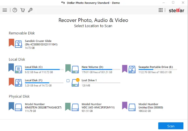 Stellar Photo Recovery - initial user interface of scannable locations