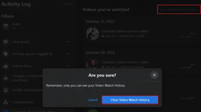 deleting all Facebook watched videos history