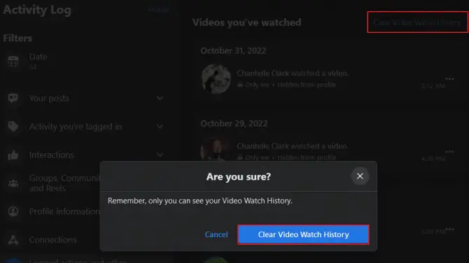 deleting all Facebook watched videos history 