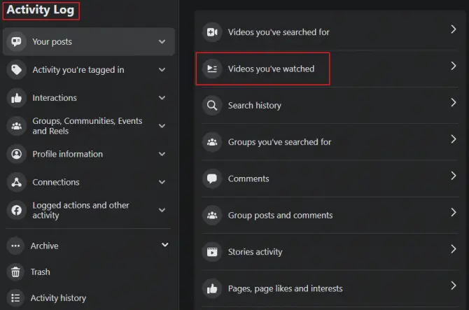 videos you've watched option from the activity log