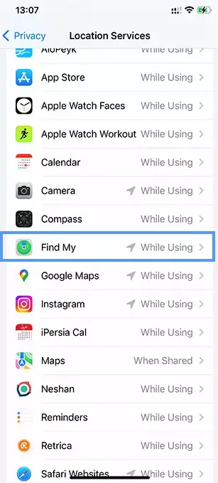 Find My app from location services menu