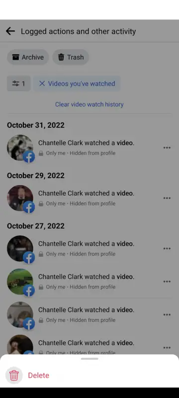 delete singular video from facebook watched video history