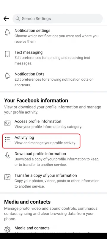 activity log option in facebook settings on mobile devices