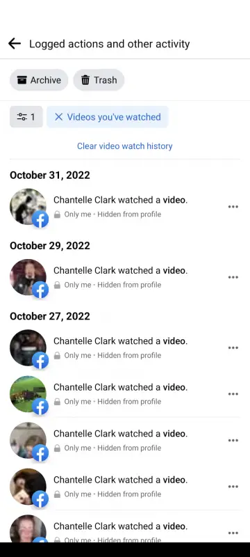 clear all facebook watched video history on a mobile device