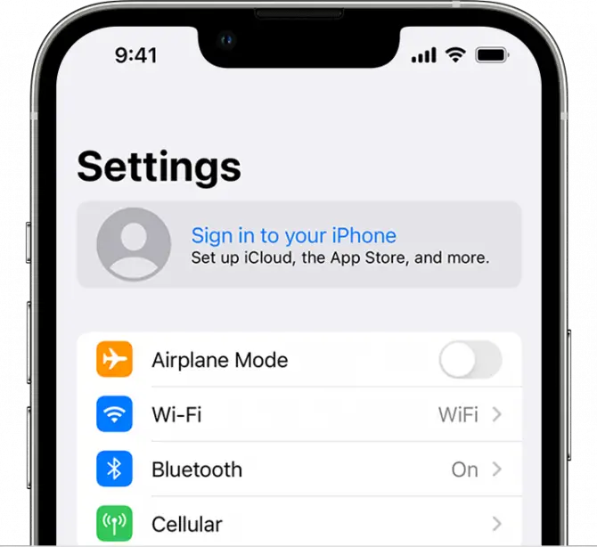 iPhone settings - sing in to your iPhone