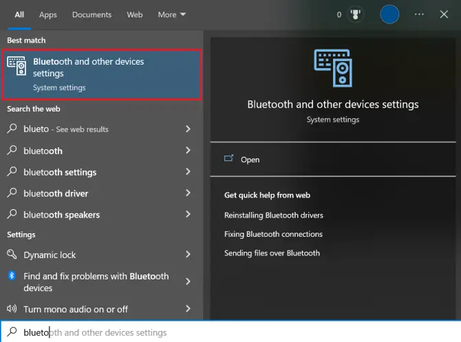 Bluetooth and other devices settings on Windows