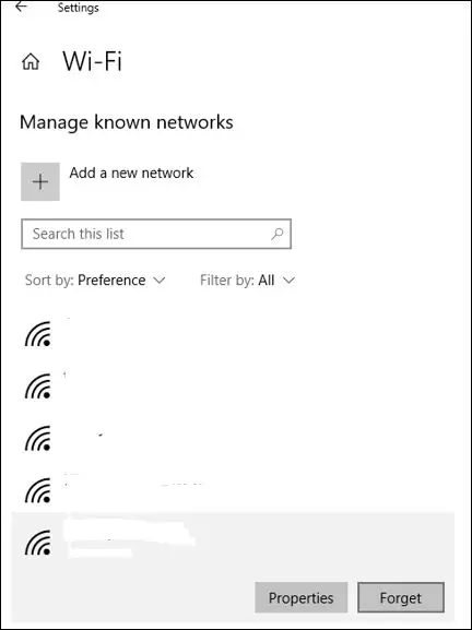 manage known networks option