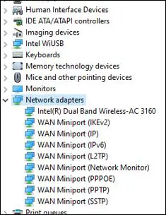 network adapters  expanded menu