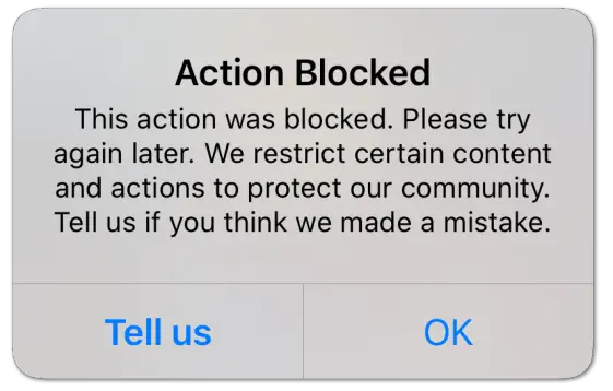 Action Blocked message - possible cause for Instagram DMs not working