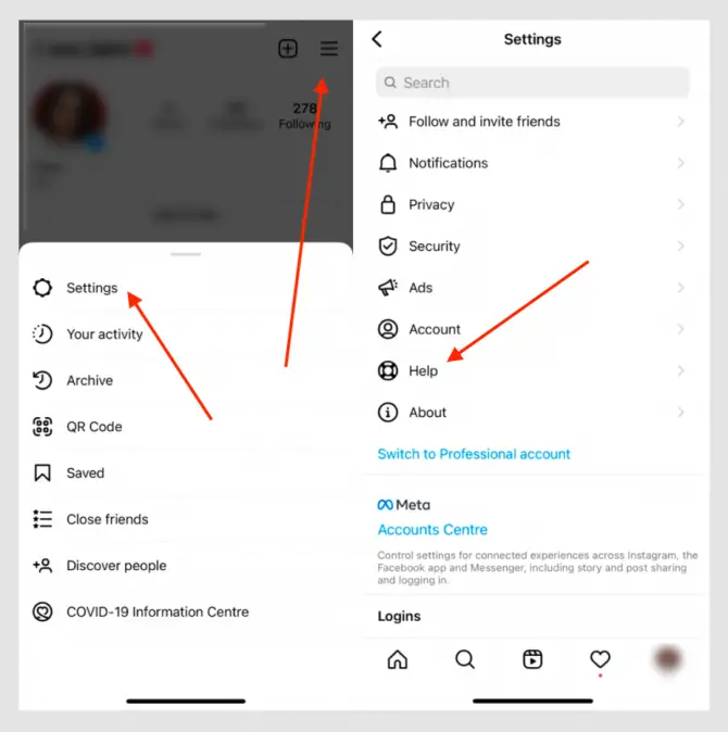 find the help section in settings of Instagram app
