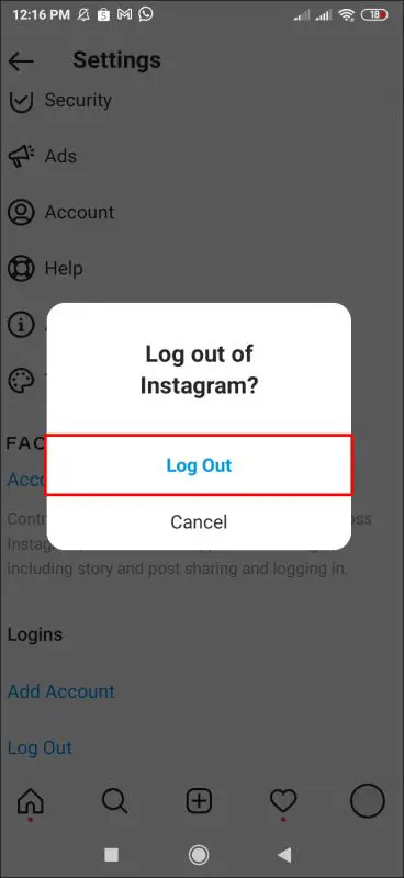 log out and log in again on Instagram