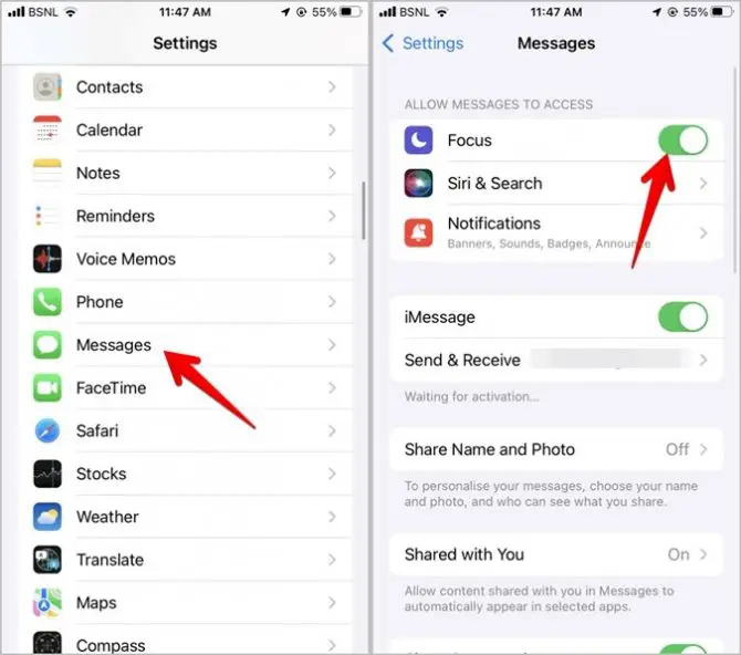turn off focus mode for iMessage