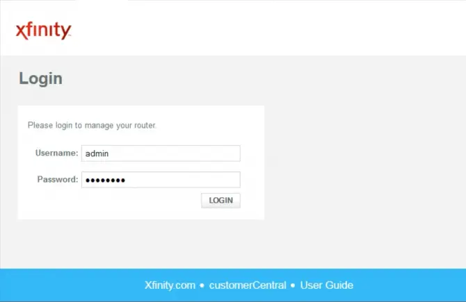Xfinity log in page